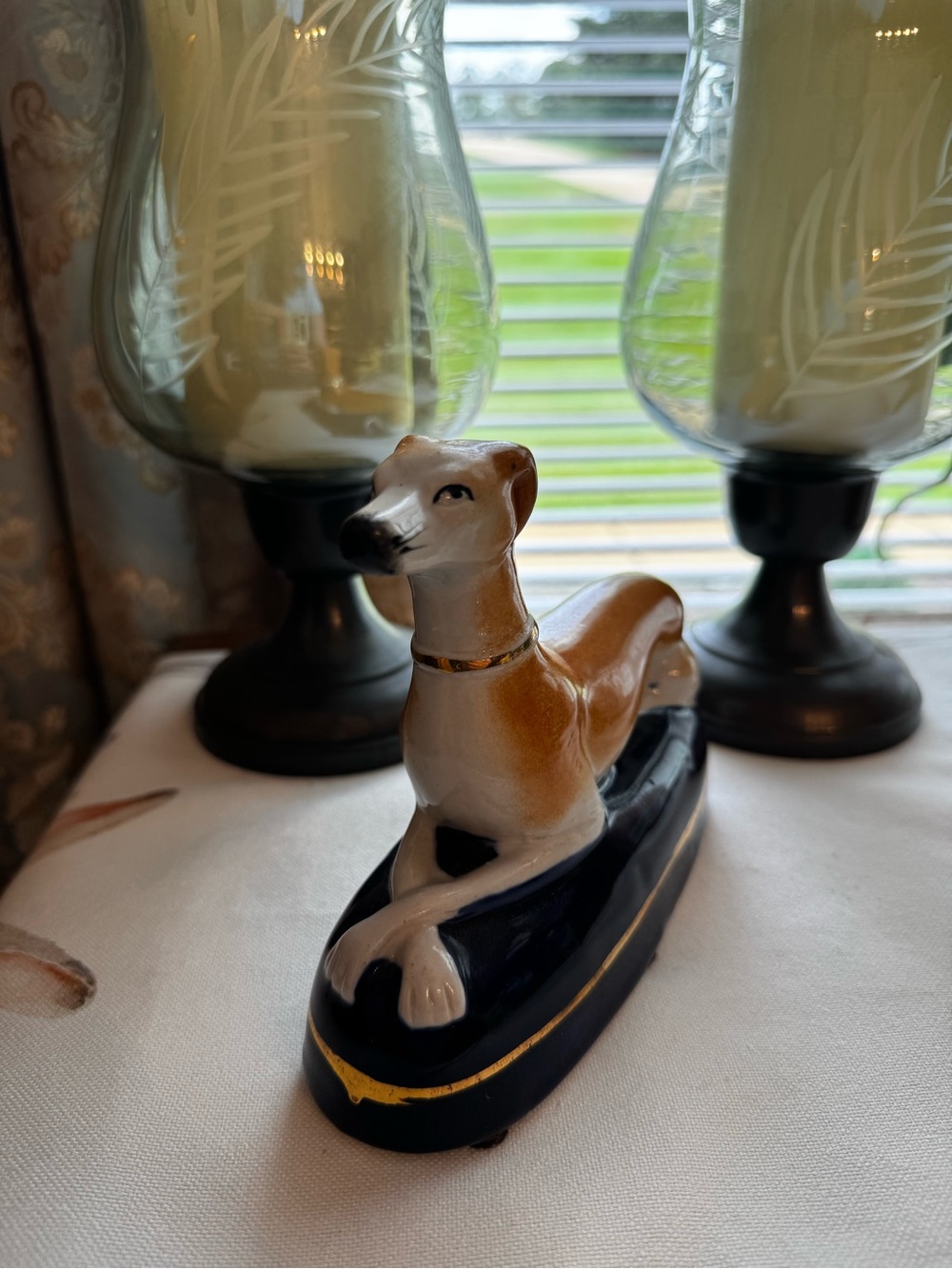 Antique Greyhound Figurine in White, Tan and Navy with Gold Trim